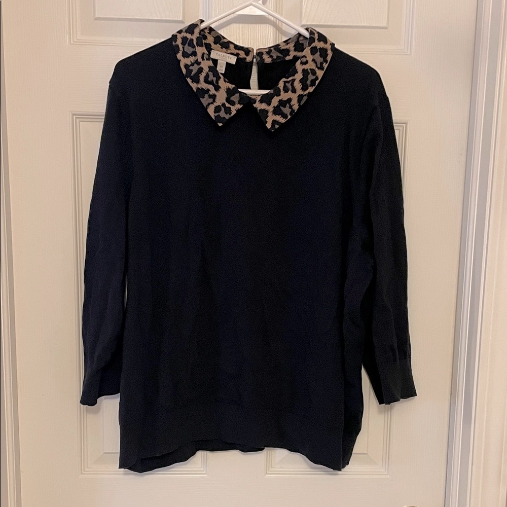 Talbots Black Sweater with Leopard Print Collar